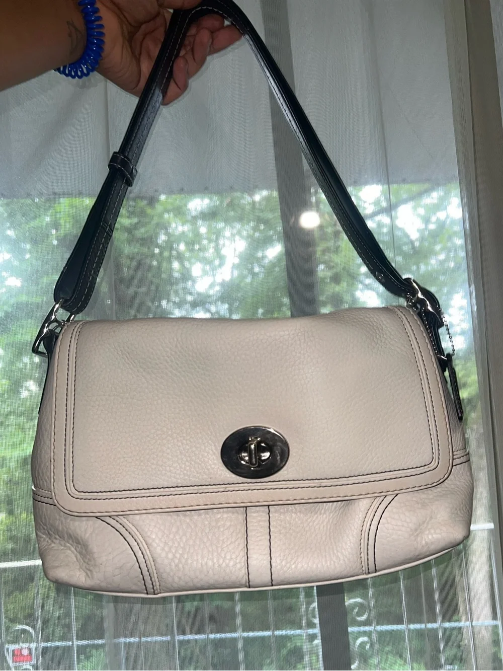 White Leather Shoulder Bag with Brown Strap